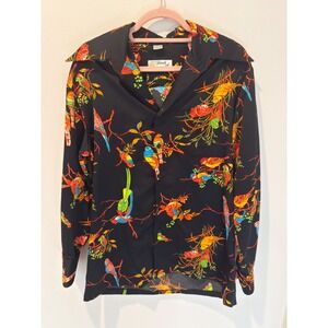 Vintage 70s Touch of Class Black Satin Bird Print Butterfly Collar Shirt Large